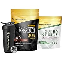 Transformation Chocolate Protein Powder, Super Greens Superfood Green Juice Powder and Performance Insulated Shaker Bottle