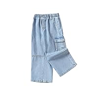 SweatyRocks Girl's Elastic Waist Flap Pocket Cargo Jeans Casual Wide Leg Loose Denim Pants with Pocket