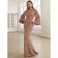 Summer Dresses for Women 2022 Sweetheart Neck Trumpet Sleeve Floor Length Sequins Prom Dress (Color : Apricot, Size : Medium)
