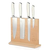 Sur La Table Kitchen Essentials 5 Piece German Steel Blade w/Triple Riveted Handle Set on Beechwood Magnetic Block - Linen White