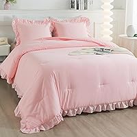 Andency Pink Comforter Set Queen Size, 3 Pieces Solid Pink Ruffle Shabby Chic Comforter Set for Queen Bed, All Season Vintage Rustic Soft Microfiber Bedding Set for Women Girls