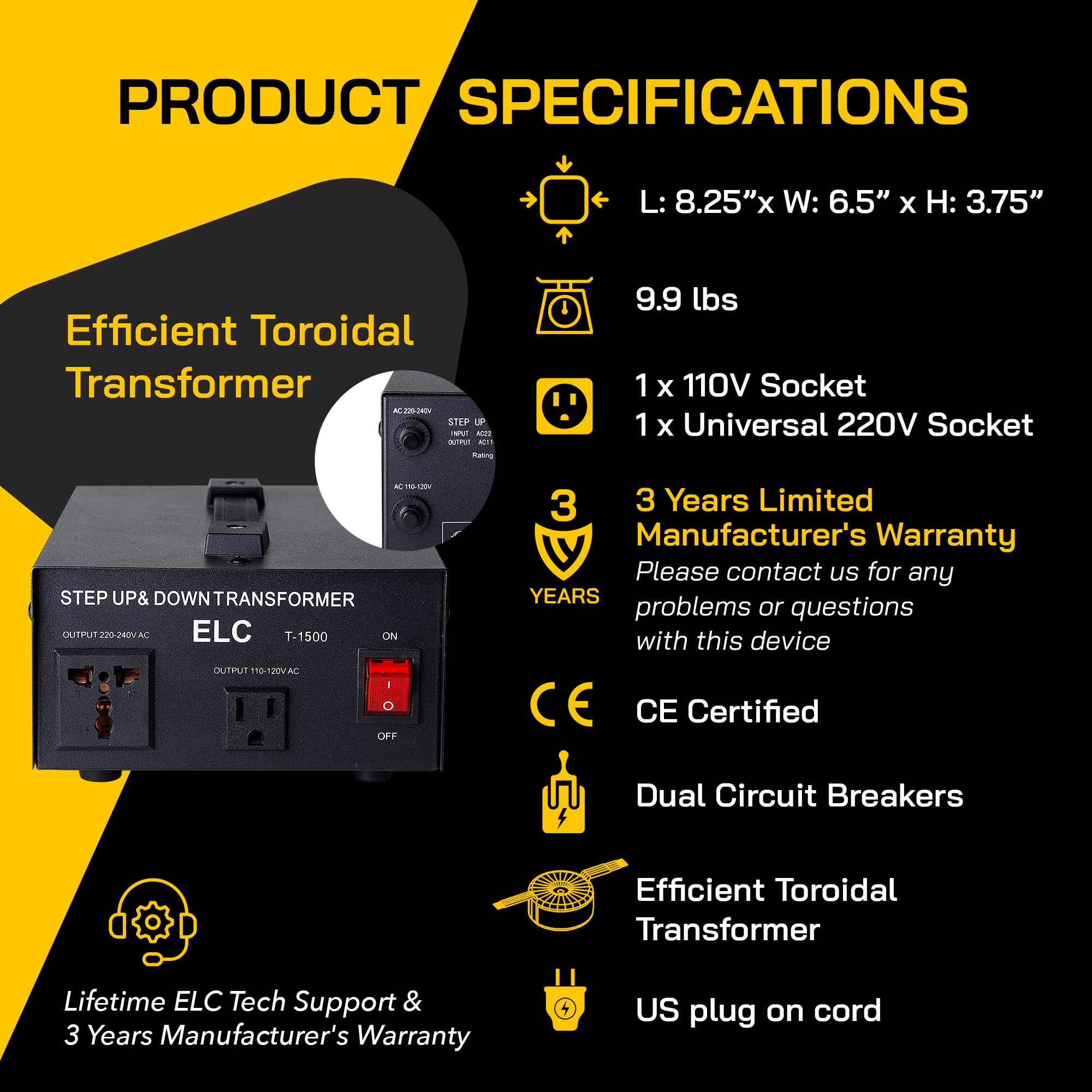 ELC T Series 1500 Watt Voltage Converter Transformer - Step Up/Down - 110v to 220v / 220v to 110v Power Converter - Circuit Breaker Protection, CE Certified [3-Years Warranty]