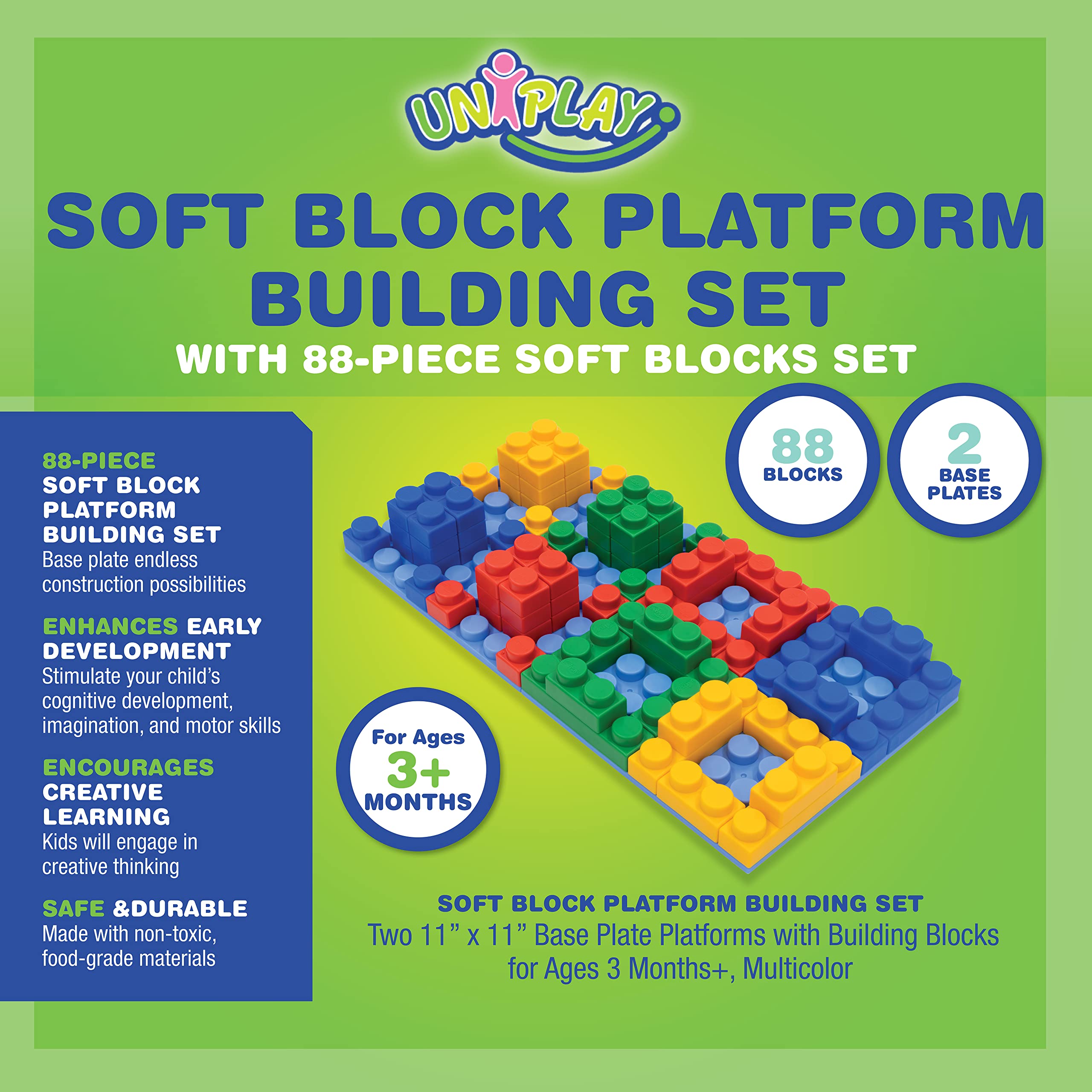 UNiPLAY Platform Soft Building Blocks — Educational Sensory Stacking Blocks, Learning Toy with Two 11 x 11 Inch Base Plates for Ages 3 Months and Up (88-Piece Set)