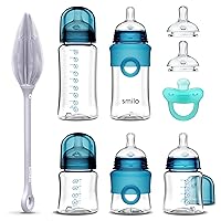 Smilo Baby Bottle Feeding Gift Set - Bottle Set with 100% Silicone Newborn Pacifier, Replacement Nipples and Baby Bottles Cleaning Brush - Perfect Essentials and Gift for Girls & Boys - Blue