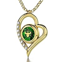 Taurus Heart Necklace Simulated May Birthstone Zodiac Pendant for Birthdays 20th April to 20th May Pure Gold Inscribed on Green Emerald-Colored Cubic Zirconia, 18