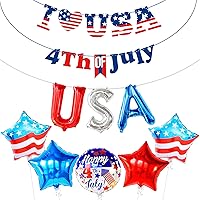 4th of July Balloons - 16 Inch, Pack of 9 | Happy 4th of July Banner - Large 10 Feet | USA Balloons, Mylar Patriotic Balloons for Independence Day | I Love USA Banner for 4th of July Party Decorations