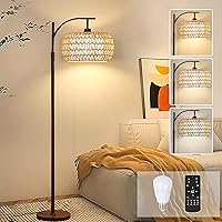 Arc Floor Lamps for Living Room Rattan Boho Floor Lamp with Remote Control,Dimmable LED Floor Lamp Wicker Lamp Shades Black Standing Lamp with 3 Color Temperature Tall Floor Lamp For Bedroom Corner