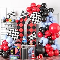 GRESATEK Race Car Balloon Garland Arch Kit, Red Blue Black Balloons Decorations with Checkered Flag Foil Balloons for Boys Racing Car Birthday, Baby Shower, Racecar Themed Party Decor Supplies