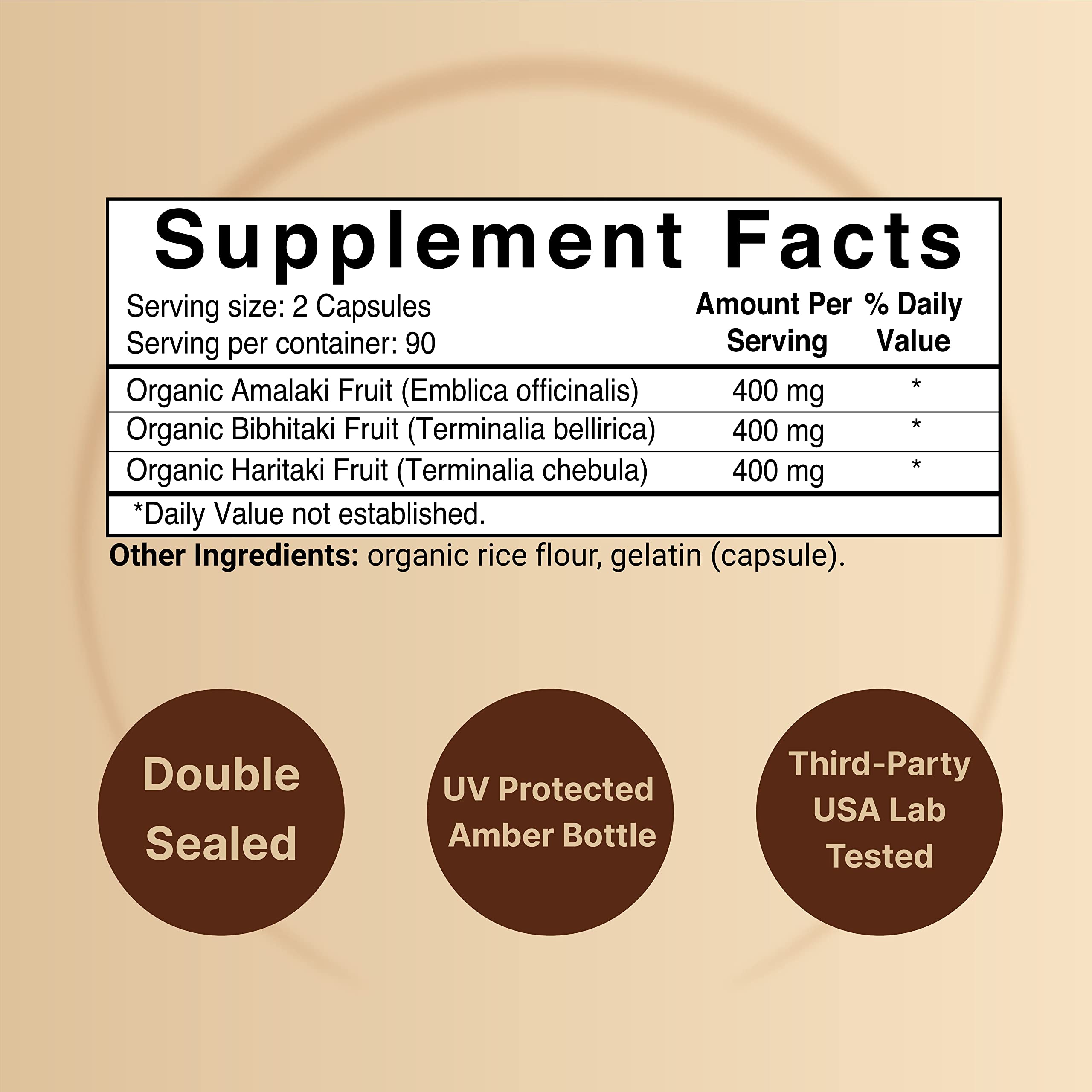 NatureBell Double Strength Triphala Supplement (Made with Organic Amla, Bibhitaki, Haritaki Fruit Complex), 1200mg Per Serving, 180 Capsules, 3 in 1 Formula, Supports Digestive Health, Non-GMO