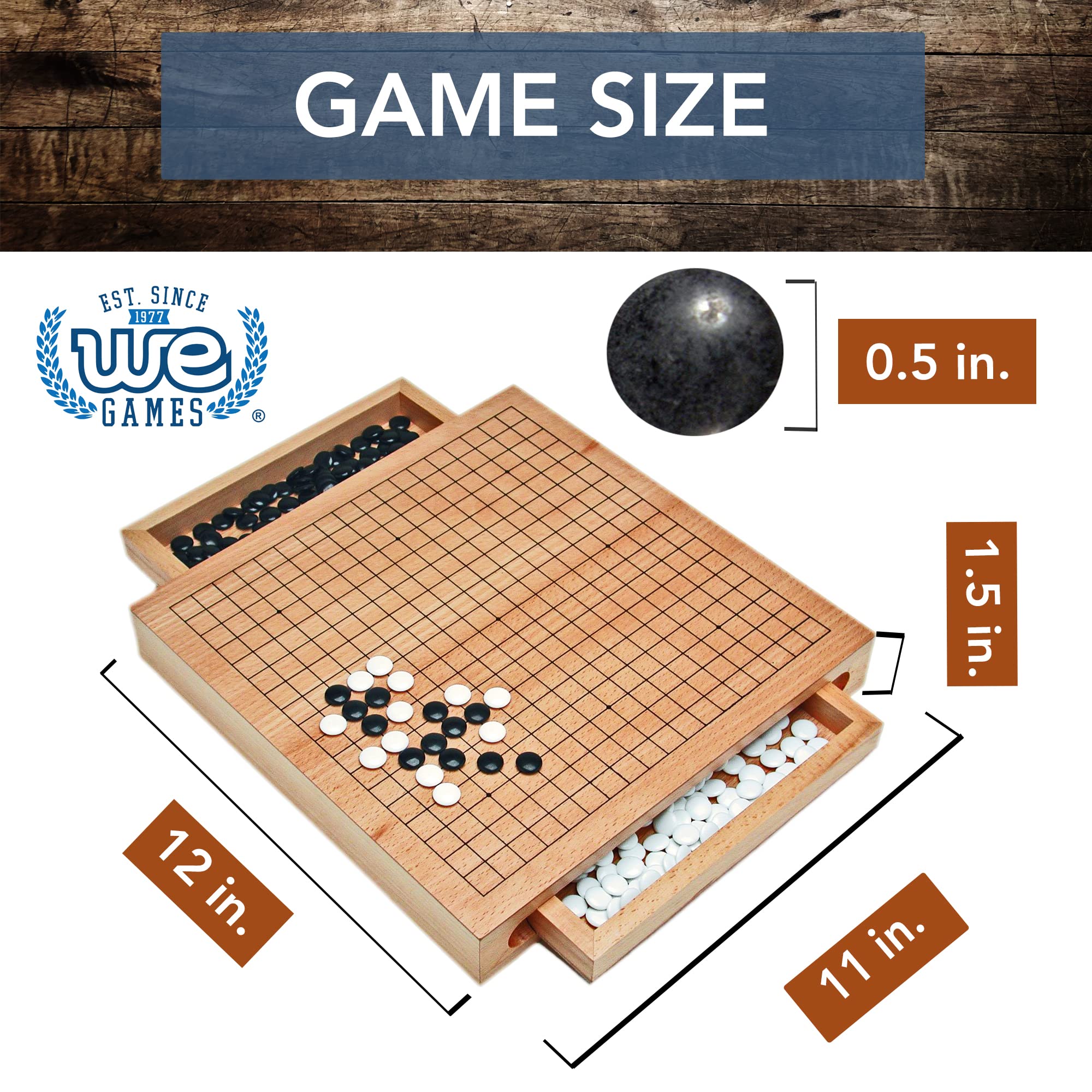 WE Games Wooden GO Board Game Set with Storage Drawers, Classic Goban 2 Player Tabletop Game, Chinese Chess Strategy Game for Kids and Families, Includes Single Convex GO Stones, Durable Natual WoodÊ