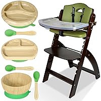 Abiie Beyond Junior Wooden High Chair with Tray (Mahogany Wood/Olive Cushion) and Octopod Bamboo Plates with Suction & Bamboo Bowl with Suction (Green) - High Chair and Bamboo Plates and Bowl Bundle