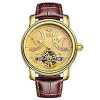 GUANQIN GJ16009 Men's Automatic Analogue Watch with Leather Strap Gold Brown, Gold White Brown, Strap.