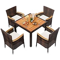 Shintenchi 5 Piece Patio Dining Set, Wicker Patio Conversation Set with Wood Table Top, Outdoor Table and Chairs with Soft Cushions for Backyard, Deck and Garden, Brown Rattan