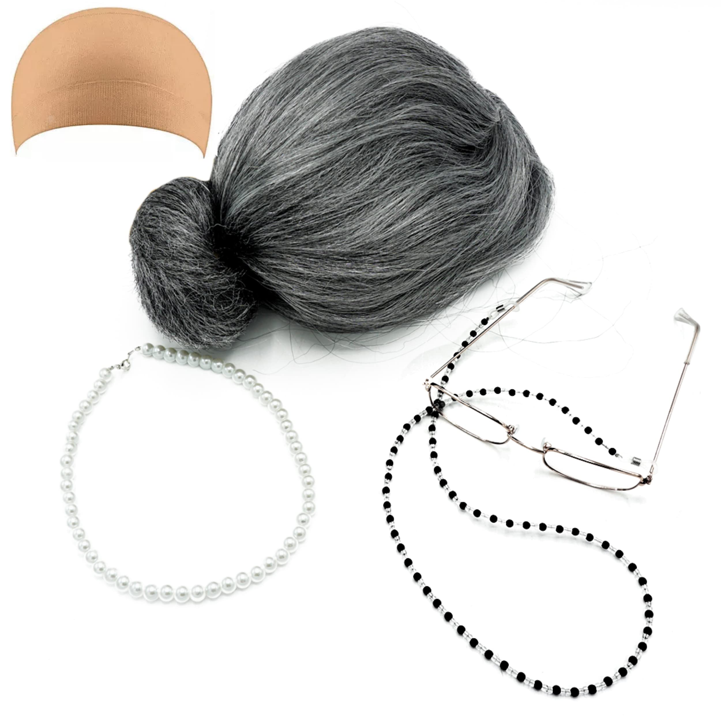 4E's Novelty Old Lady Costume for Kids - 5 Pcs Set for 100th Day of School Grandma Costume for Kids Girls, Gray Wig, Glasses with Chain, Wig Cap, Necklace