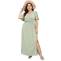 KOJOOIN Women Plus Size Wrap Maxi Dress Short Flutter Sleeves Empire Waist Split A Line Boho Casual Dress