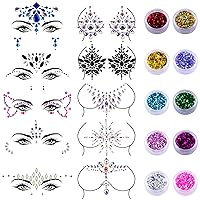 SIQUK 10 Sheets Face Jewels Stickers Body Gems Self Adhesive Face and Body Jewels Rhinestone Face Gems Stick on Body Chest Jewels with 10 Jars Chunky Glitter for Festival Rave Carnival Party