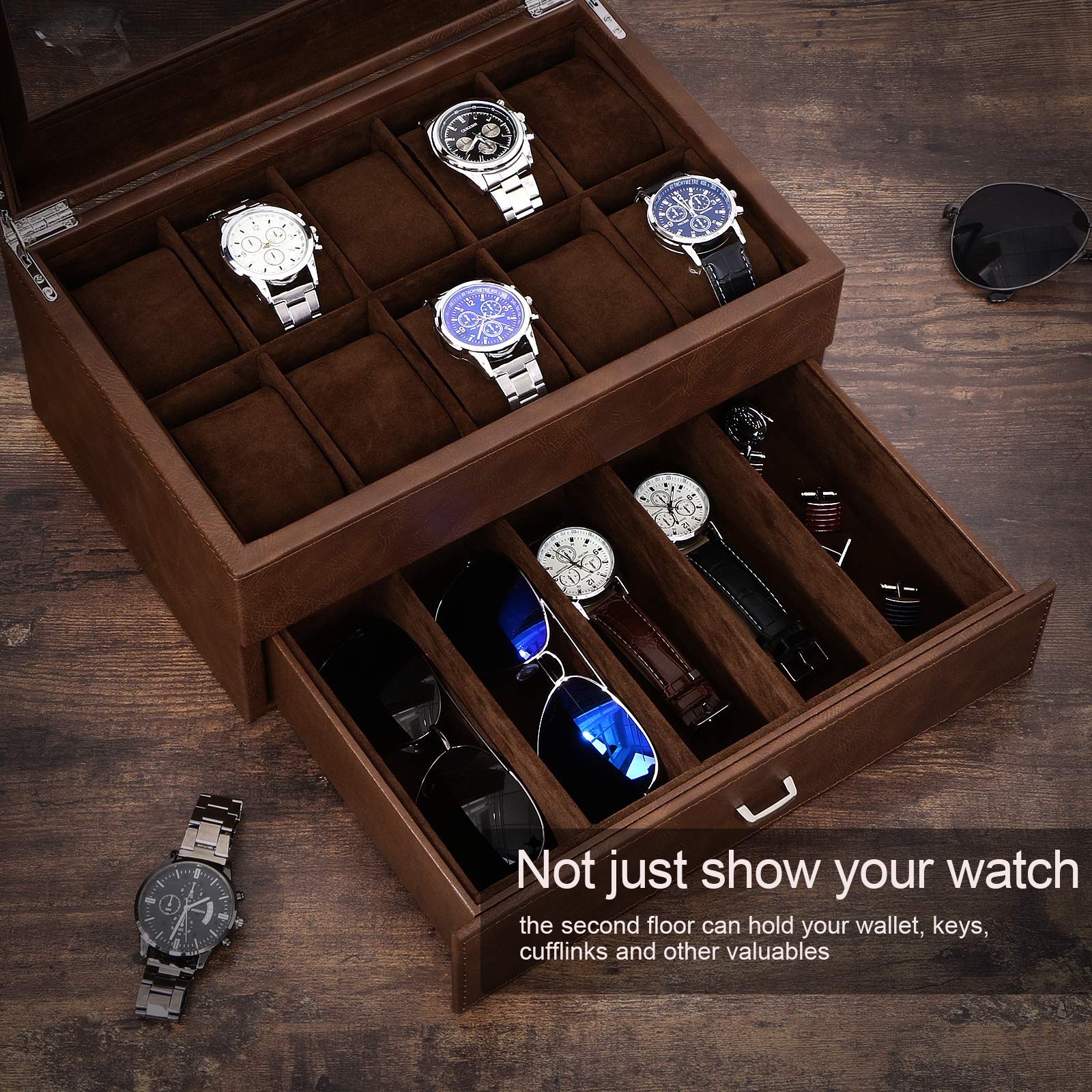 BEWISHOME 6 Watch Case and 3 Slots Sunglasses Box for Men & 10 Slots Watch Organizer for Men with Drawer,Bundle