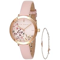 Ted Baler Ammy Hearts Pink Leather Strap Watch & Rose Gold Sweetheart Bracelet Boxset (Model: BKG0281009I)