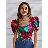 Women's Tops Women's Shirts Sexy Tops for Women Tropical Print Puff Sleeve Top (Color : Multicolor, Size : XX-Small)