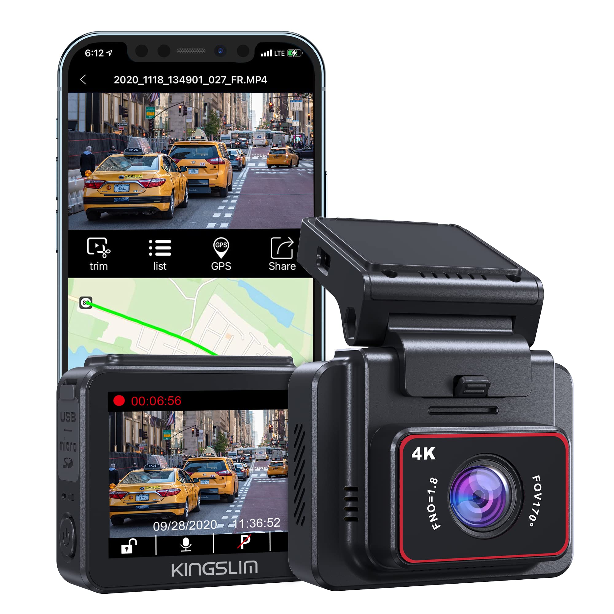 Kingslim D5-4K Dash Cam with WiFi - Front Dash Camera for Cars with GPS and Speed, Sony Night Vision, Support APP and 256GB Max