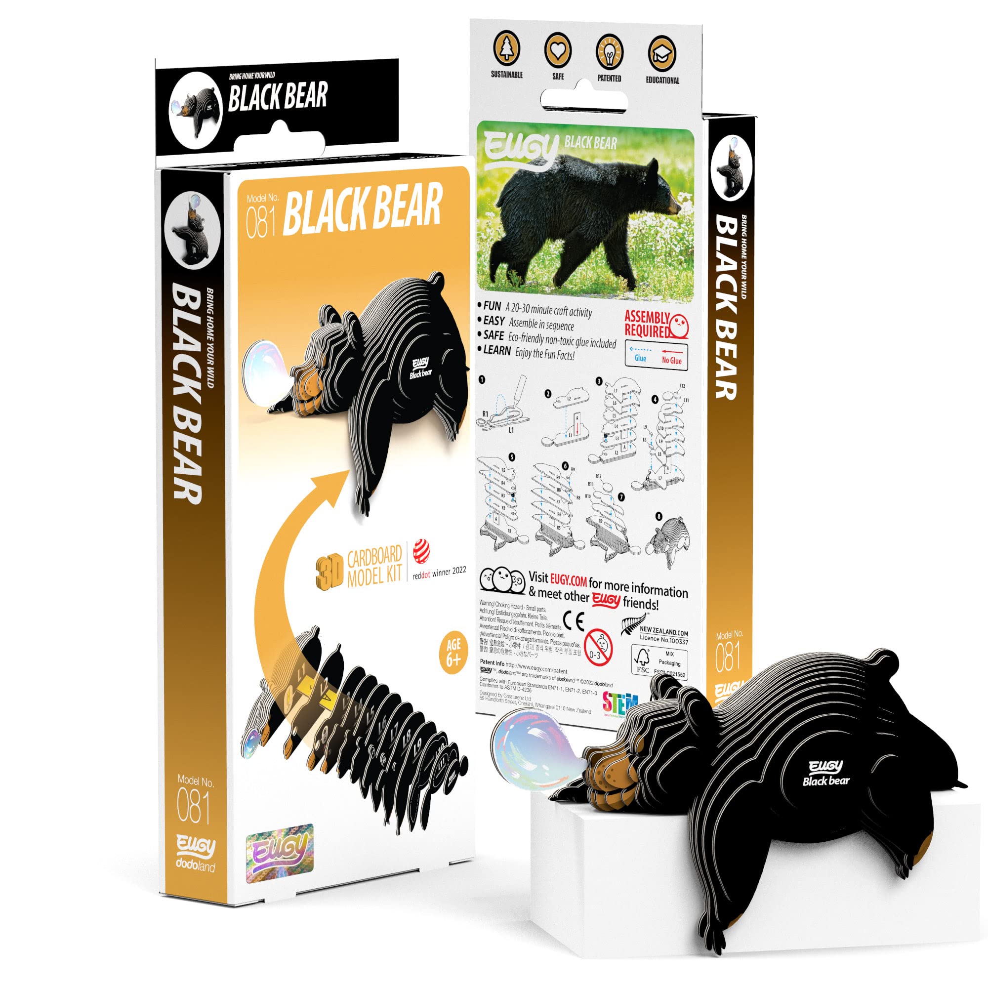 Eugy Black Bear 3D Puzzle, 24 Piece Eco-Friendly Educational Learning Puzzles for Kids 6+