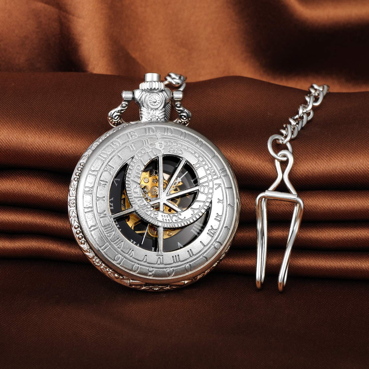 Unendlich U Mechanical Pocket Watch 12 Constellation Compass Vintage Roman Numerals Scale Pocket Watch with Chain