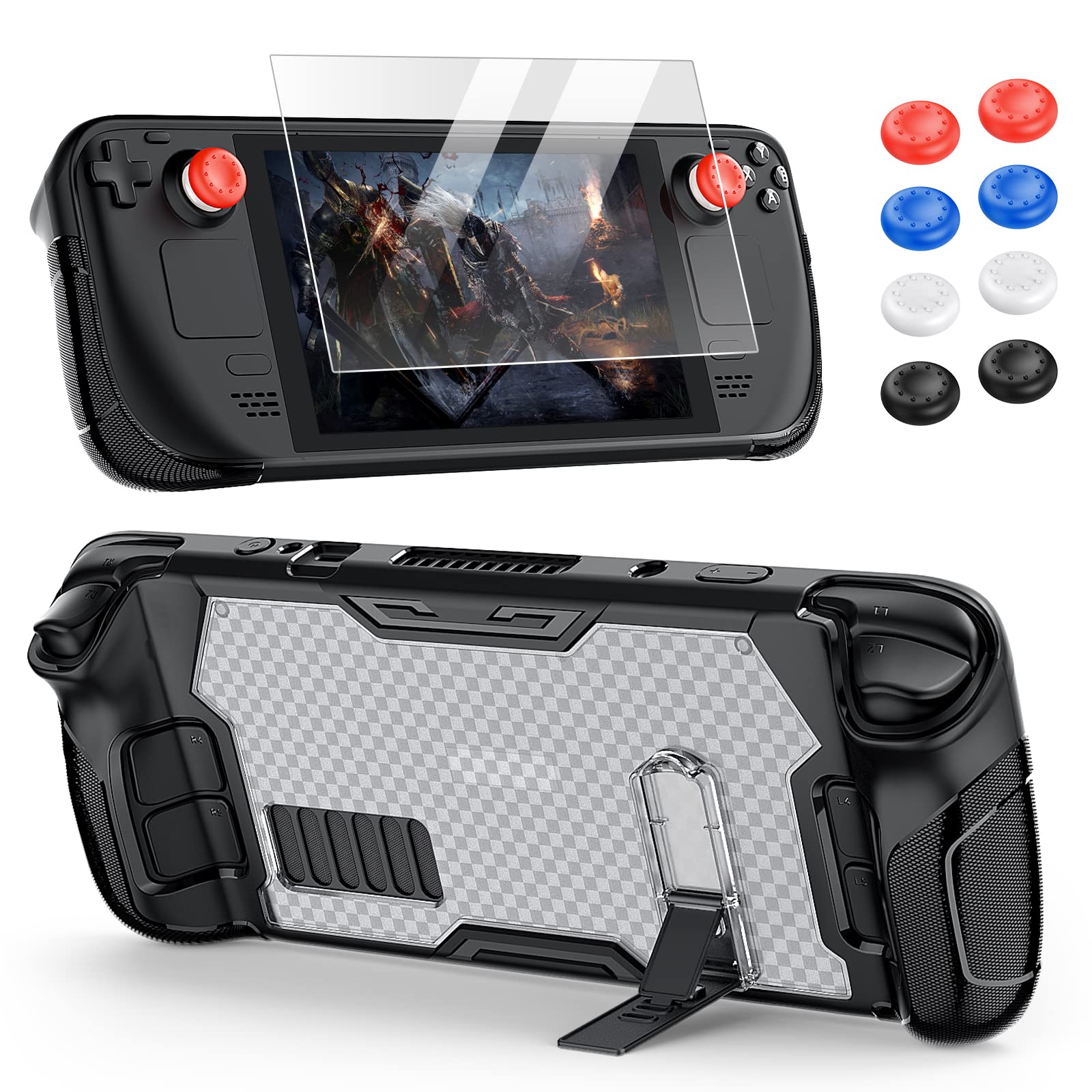 Upgraded Protective Case with Kickstand for Steam Deck, PC+TPU Protector Cover Case for Steam Deck Accessories Kits with Kick Stand, Screen Protector & Thumb Caps, Flexible Case for Steam Deck-Black