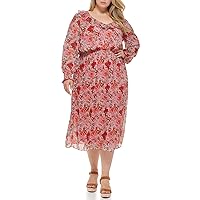 Tommy Hilfiger Women's Plus Size Chiffon Fabric Long Sleeve Dress