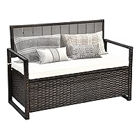 YITAHOME 70 Gallon Outdoor Storage Bench, Weather-Resistant Woven Rattan Deck Box, Wicker Storage Seat for Patio Furniture, Outdoor Cushions, Pool Storage and Garden Tools - Brown
