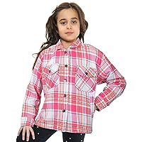 Kids Girls Zip Up Hooded Jackets Pink Check Print Utility Pockets Fleece Coats