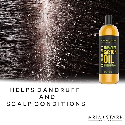 Aria Starr Castor Oil Cold Pressed - 16 FL OZ - 100% Pure Hair Oil For Hair Growth, Face, Skin Moisturizer, Scalp, Thicker Eyebrows And Eyelashes