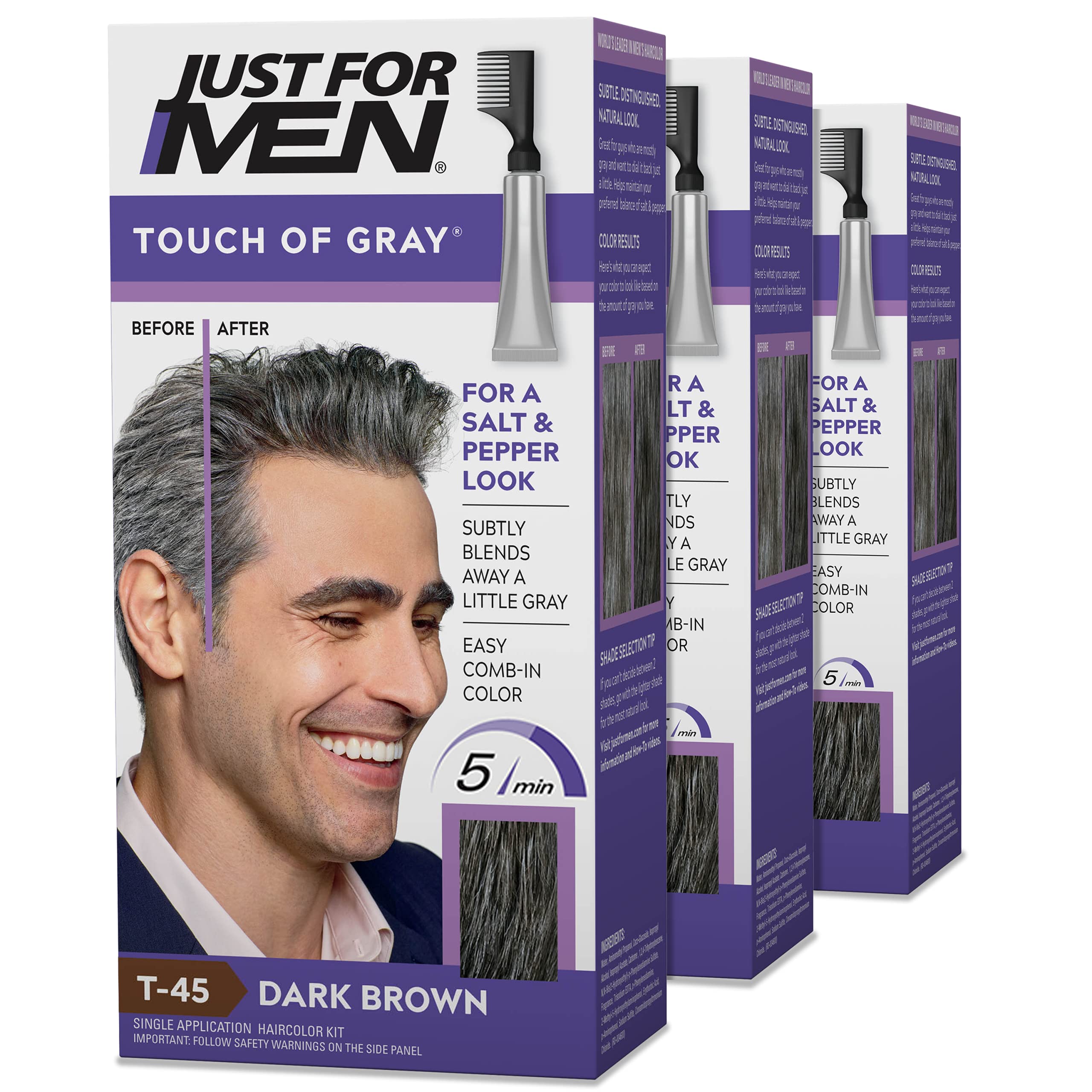 Just For Men Touch of Gray, Mens Hair Color Kit with Comb Applicator for Easy Application, Great for a Salt and Pepper Look - Dark Brown, T-45, Pack of 3