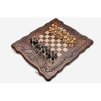 Chess Set with Engraved Crowns - 3 in 1 Chess, Backgammon, Checkers - Handmade High Detail Wooden Game