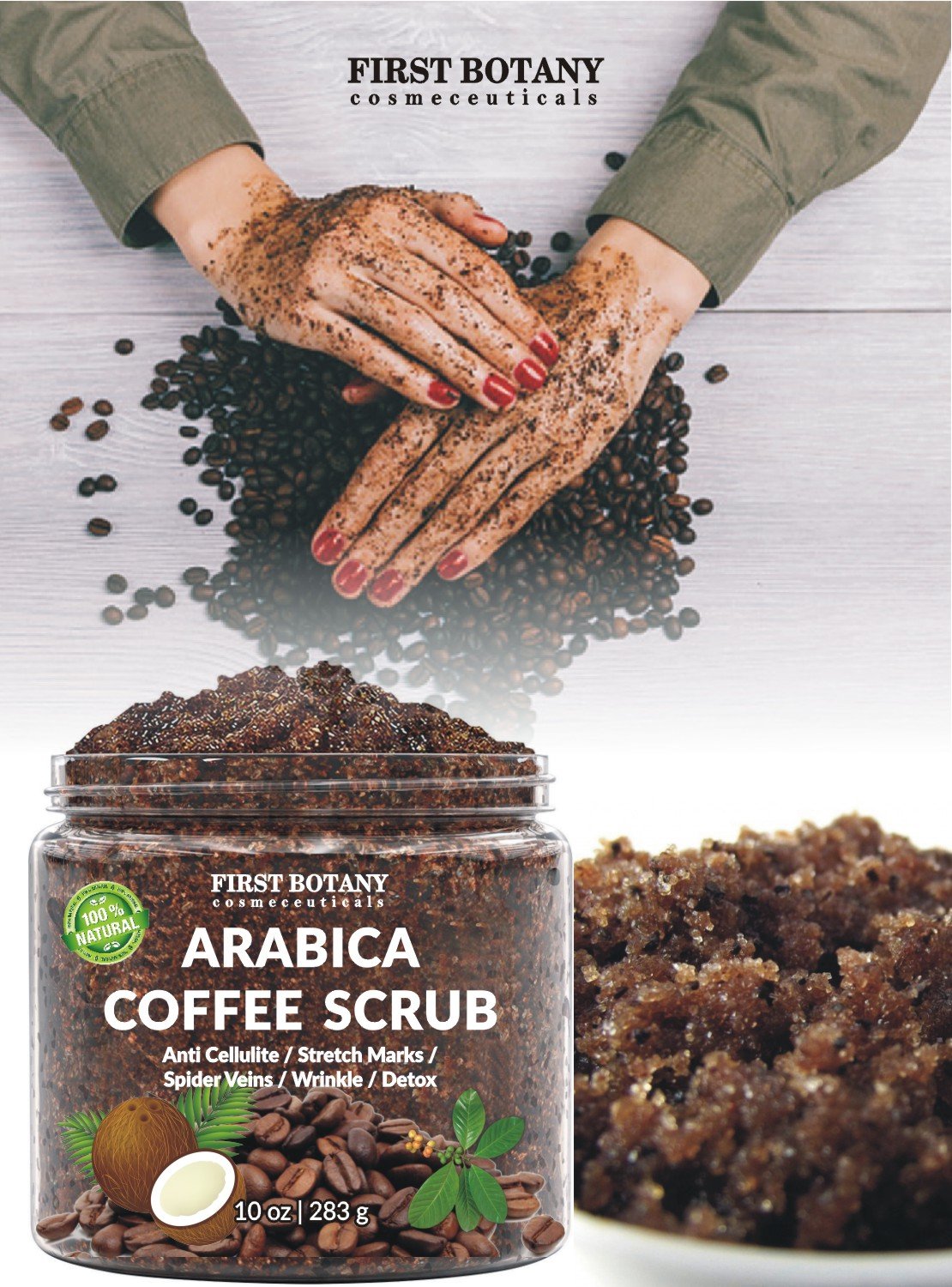 100% Natural Arabica Coffee Scrub with Organic Coffee, Coconut and Shea Butter - Best Acne, Anti Cellulite and Stretch Mark treatment, Spider Vein Therapy for Varicose Veins & Eczema (10 oz)
