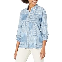 Foxcroft Women's Cole Long Sleeve with ROLL TAB in Vintage Scarf Blouse, BLUEWASH, 4