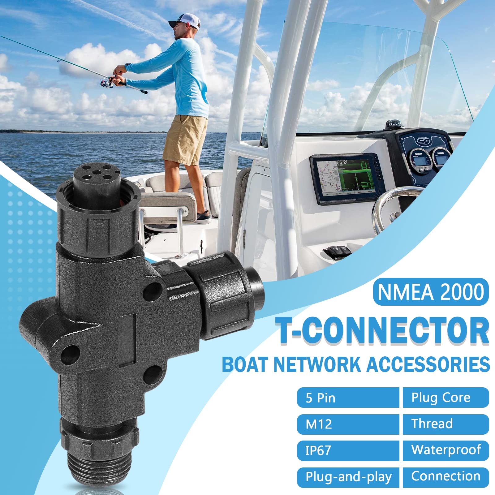 NMEA 2000 (N2k) (Tee) T-Connector Boat Accessories for Garmin Lowrance Simrad B&G Navico Networks, IP67 Waterproof, Stable Connection (2 Pack)