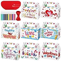 48 Sets Valentine's Day Treat Boxes DIY Color Your Own Paintable Sea Animal Prints Goodie Boxes Valentines Cupcake Boxes with 12 Marker Pens,48 Heart Tags and 48 Satin Ribbons for Kids School Supplies