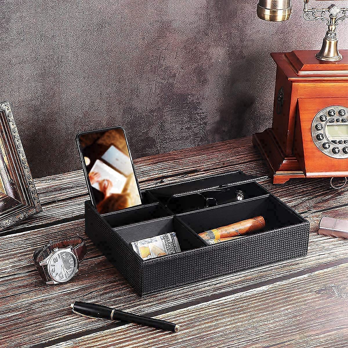 BEWISHOME 12-Slot Watch Box with Valet Drawer & Mens Valet Tray Dresser Organizer Nightstand Organizer Bundle, Carbon Fiber Leather, Black