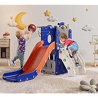 7 in 1 Toddler Slide, L-Shaped Kids Slide for Toddlers Age 1+ with Basketball Hoop and Ball, Ring Toss, Storage Space, Outdoor Indoor Slide Playset Toddler Playground Easy Assembly