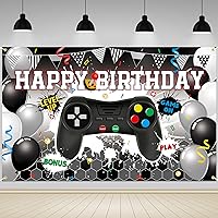 Watercolor Video Game Birthday Decorations Watercolor Video Game Backdrop Banner,Video Game Backdrop Decorations Photography Background for Boys Children Men Birthday Celebration(Black and White)