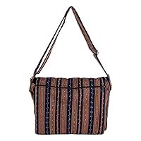 NOVICA Handmade Cotton Messenger Bag Striped in Midnight Ginger Handbags Brown Blue Slings El Salvador Woven 'Straight Paths'