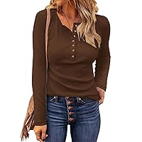 WNEEDU Women's Waffle Knit Tops Casual Long Sleeve Blouses Slim Fit Button Down V Neck Henley Shirts