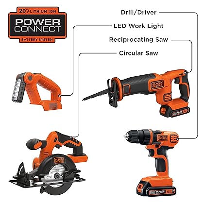 BLACK+DECKER 20V MAX Power Tool Combo Kit, 4-Tool Cordless Power Tool Set with 2 Batteries and Charger (BD4KITCDCRL)