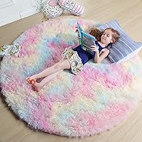 Amdrebio Rainbow Fluffy Rugs for Girls Bedroom 5ft,Unicorn Room Decor,Pastel Round Rug for Kids, Shag Carpet for Nursery, Soft Play Mat for Baby, Fuzzy Area Rug for Living Room,Plush Rug for Playroom