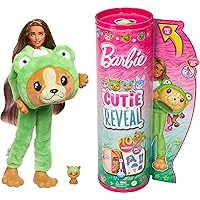 Barbie Cutie Reveal Doll & Accessories with Animal Plush Costume & 10 Surprises Including Color Change, Puppy as Frog in Costume-Themed Series