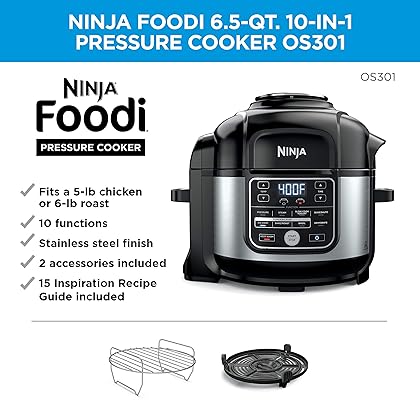 Ninja OS301 Foodi 10-in-1 Pressure Cooker and Air Fryer with Nesting Broil Rack, 6.5 Quart, Stainless Steel