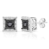 NATALIA DRAKE Black Diamond Stud Earrings for Women or Men in Rhodium Plated Sterling Silver Halo Style Flat Back Post Earring