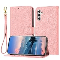 XYX Wallet Case for Samsung Galaxy A35 5G, Lychee Pattern Leather Flip Protective Cover with Card Slots Wrist Strap Shockproof Phone Case, Pink