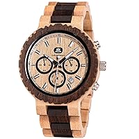KINGNOW Wooden Watch, Men's Watch, Wooden Watch, Tachymeter Function, Chronograph Included, Day Included, Lightweight, Waterproof, Brown, Luxury Quartz Watch, Birthday Gift, Wooden Watch for Men,
