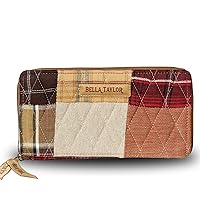 Bella Taylor Slim Card Wallet for Women | Multi Card Zip Around Wallet with RFID Protection | Quilted Cotton Wyatt Red and Tan Patchwork